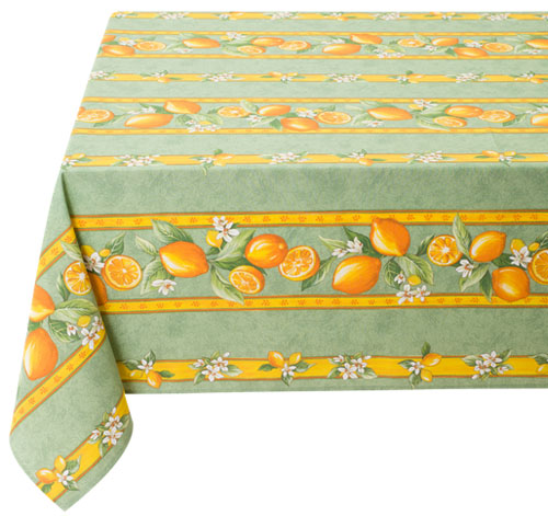 French tablecloth coated or cotton, linear Menton lemons green
